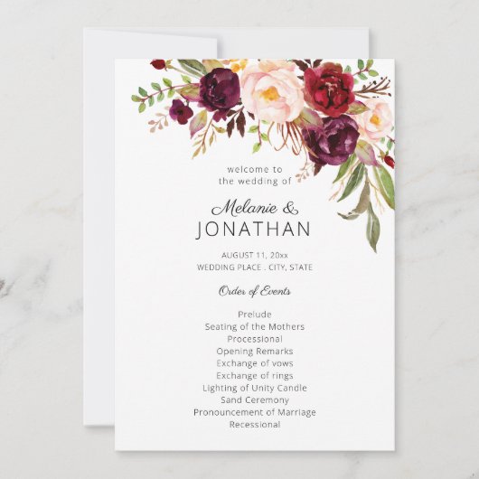 Burgundy Marsala Floral Wedding Program White V2 Kaart (Voorkant)
