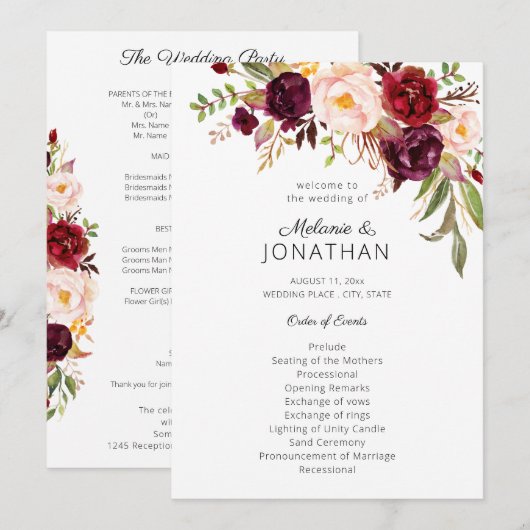 Burgundy Marsala Floral Wedding Program White V2 Kaart (Voorkant / Achterkant)