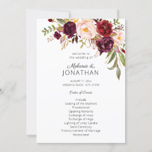 Burgundy Marsala Floral Wedding Program White V2 Kaart