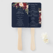 Burgundy Marsala Floral Wedding Programme Navy V2 Handwaaier (Voorkant en achterkant)