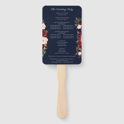 Burgundy Marsala Floral Wedding Programme Navy V2 Handwaaier (Achterkant)