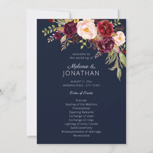 Burgundy Marsala Floral Wedding Programme Navy V2 Kaart (Voorkant)