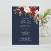 Burgundy Marsala Floral Wedding Programme Navy V2 Kaart (Staand voorkant)