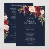 Burgundy Marsala Floral Wedding Programme Navy V2 Kaart (Voorkant / Achterkant)