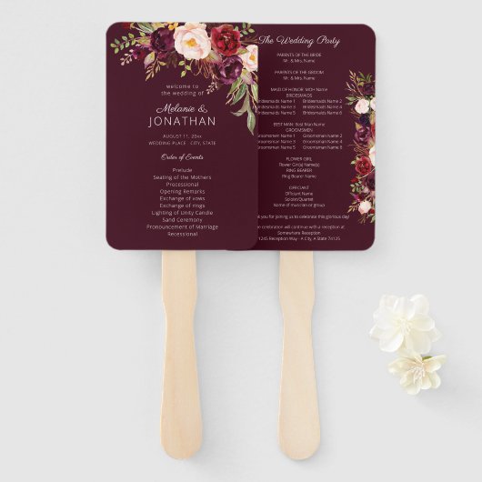 Burgundy Marsala Floral Wedding Programme V2 Handwaaier (Voorkant en achterkant)