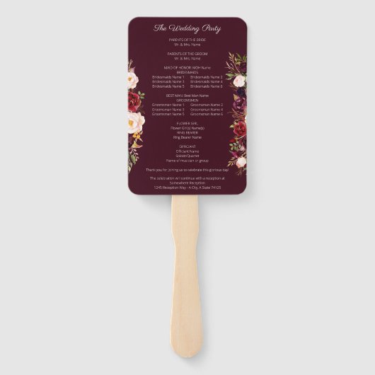 Burgundy Marsala Floral Wedding Programme V2 Handwaaier (Achterkant)