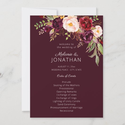 Burgundy Marsala Floral Wedding Programme V2 Kaart (Voorkant)