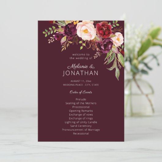 Burgundy Marsala Floral Wedding Programme V2 Kaart (Staand voorkant)