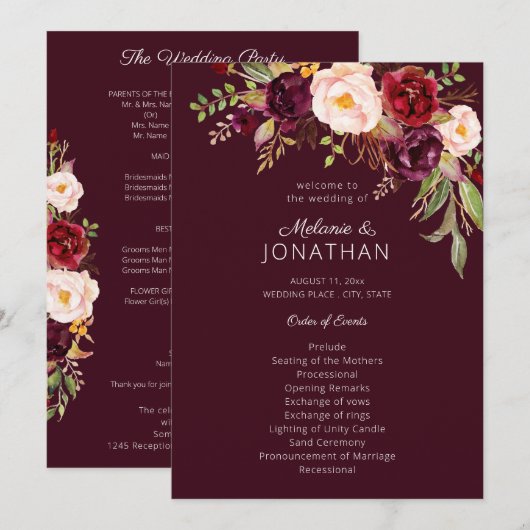 Burgundy Marsala Floral Wedding Programme V2 Kaart (Voorkant / Achterkant)