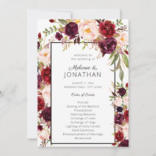 Burgundy Marsala Floral Wedding Programme White Kaart (Voorkant)