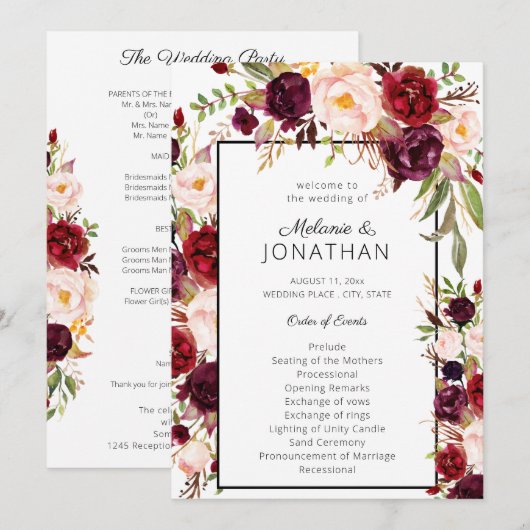 Burgundy Marsala Floral Wedding Programme White Kaart (Voorkant / Achterkant)