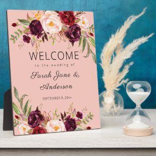 Burgundy Marsala Floral Welcome Sign Roze 2 Fotoplaat