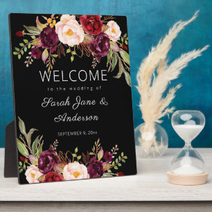 Burgundy Marsala Floral Welcome Sign - Zwart Fotoplaat