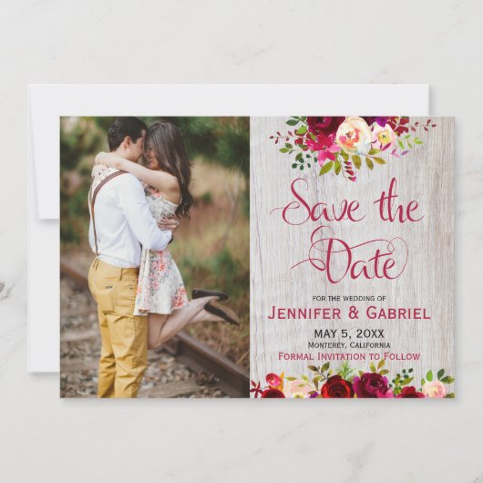 Burgundy Marsala Floral Wood Save the Date Photo (Voorkant)