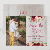 Burgundy Marsala Floral Wood Save the Date Photo (Voorkant / Achterkant)