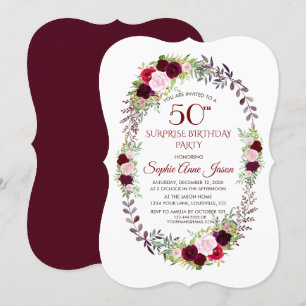 Burgundy Marsala Floral Wreath 50th Birthday Kaart