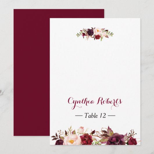 Burgundy Marsala Flowers Wedding Place Escort Kaar (Voorkant / Achterkant)