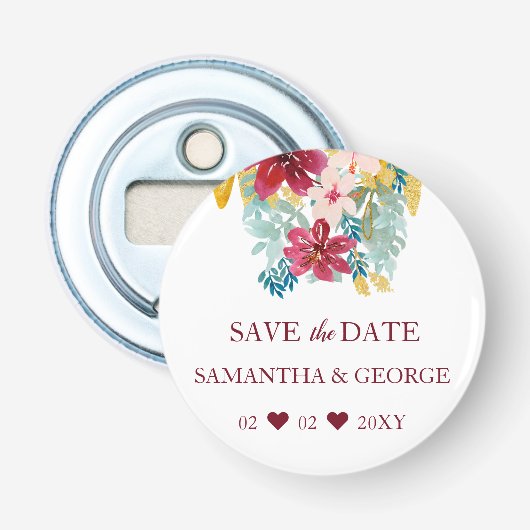 Burgundy Marsala Gold Floral Botanical Wedding Button Flesopener (Voorkant)