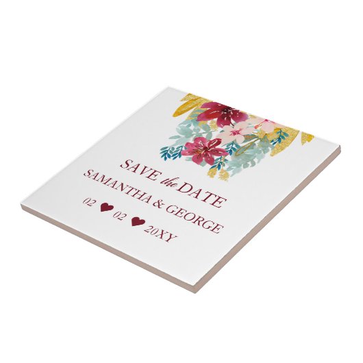 Burgundy Marsala Gold Floral Botanical Wedding Tegeltje (Zijkant)