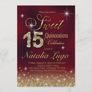 Burgundy Marsala Gold Glitter Sweet 15 Quinceanera Kaart