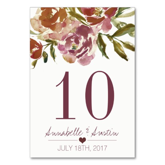 Burgundy Marsala Herfst Floral Wedding Table Card Kaart (Voorkant)