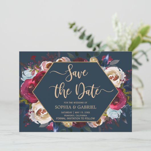 Burgundy Marsala Navy Floral | De datumkaart opsla Save The Date (Staand voorkant)