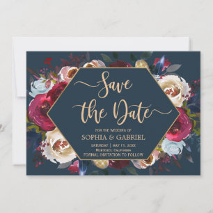 Burgundy Marsala Navy Floral   De datumkaart opsla Save The Date