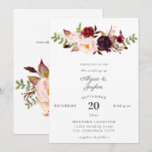 Burgundy Marsala Pink Floral Wedding 2 White Kaart (Voorkant / Achterkant)
