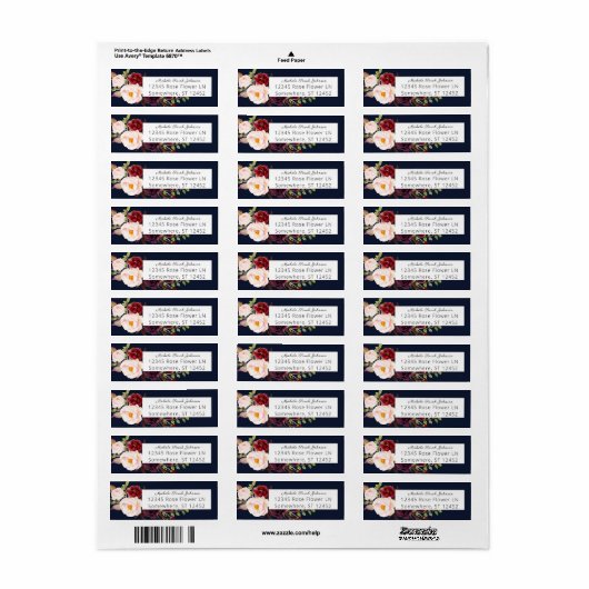 Burgundy Marsala Pink Floral Wedding Navy Adres Etiket (Full Sheet)