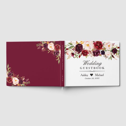 Burgundy Marsala Red Autumn Floral Wedding Gastenboek (Volledig)