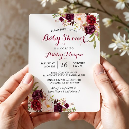 Burgundy Marsala Red Floral Boho Baby shower Kaart