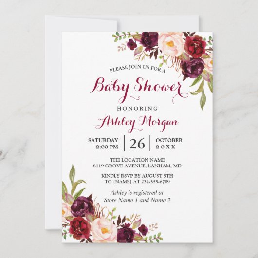 Burgundy Marsala Red Floral Boho Baby shower Kaart (Voorkant)