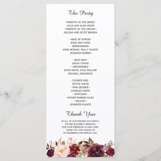 Burgundy Marsala Red Floral Chic Wedding Programme Programmakaart (Achterkant)