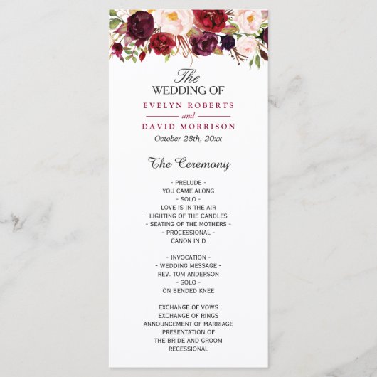 Burgundy Marsala Red Floral Chic Wedding Programme Programmakaart (Voorkant)