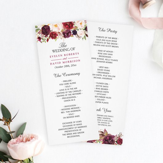 Burgundy Marsala Red Floral Chic Wedding Programme Programmakaart
