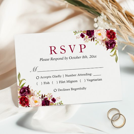 Burgundy Marsala Red Floral Meal Choice Weddenscha RSVP Kaartje