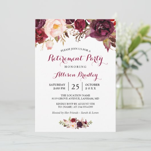 Burgundy Marsala Red Floral Retirement Party Kaart (Staand voorkant)