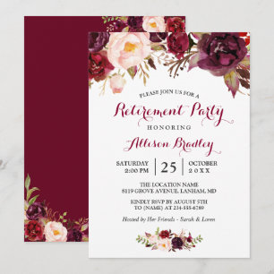 Burgundy Marsala Red Floral Retirement Party Kaart