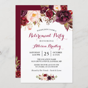 Burgundy Marsala Red Floral Retirement Party Kaart