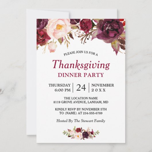 Burgundy Marsala Red Floral Thanksgiving Party Kaart (Voorkant)