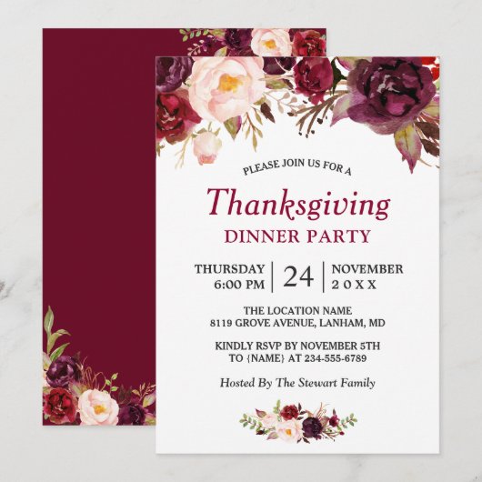 Burgundy Marsala Red Floral Thanksgiving Party Kaart (Voorkant / Achterkant)