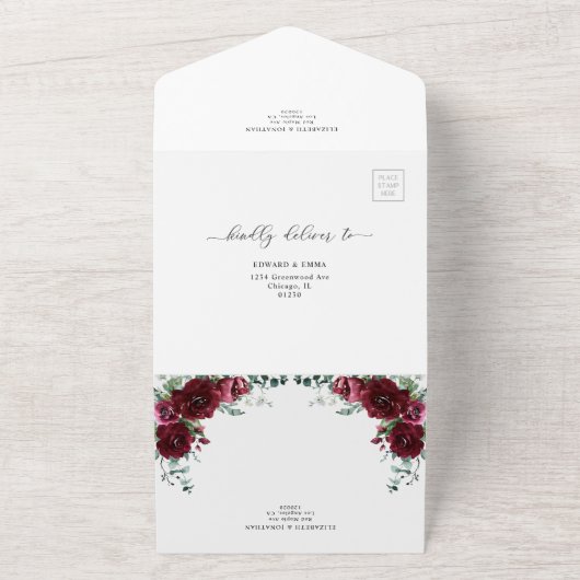 Burgundy Marsala Red Floral Wedding - RSVP All In One Uitnodiging (Buitenkant)