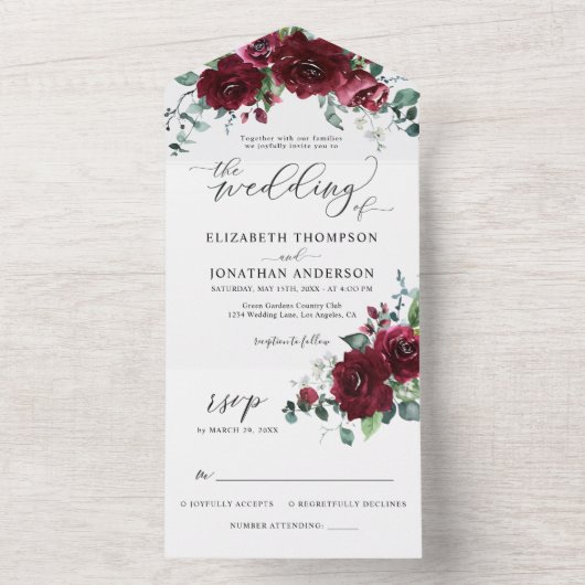 Burgundy Marsala Red Floral Wedding - RSVP All In One Uitnodiging (Binnen)