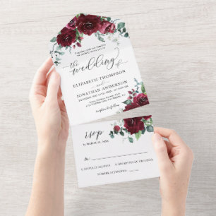 Burgundy Marsala Red Floral Wedding - RSVP All In One Uitnodiging