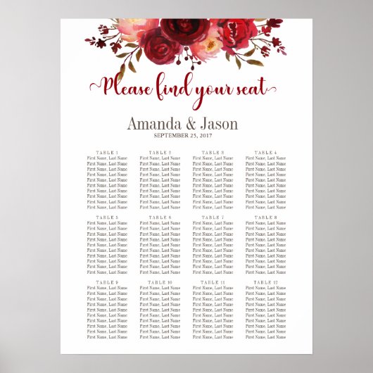 Burgundy Marsala Red Floral Wedding Seating Chart Poster (Voorkant)