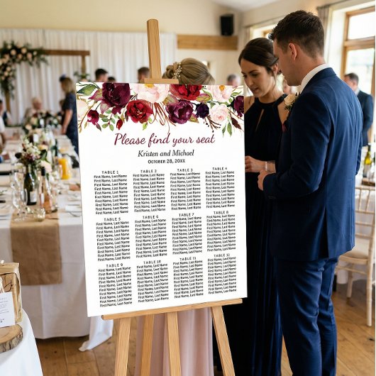 Burgundy Marsala Red Floral Wedding Seating Chart Poster