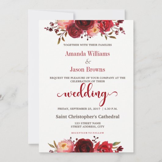 Burgundy Marsala Red Floral Wedding-uitnodiging Kaart (Voorkant)
