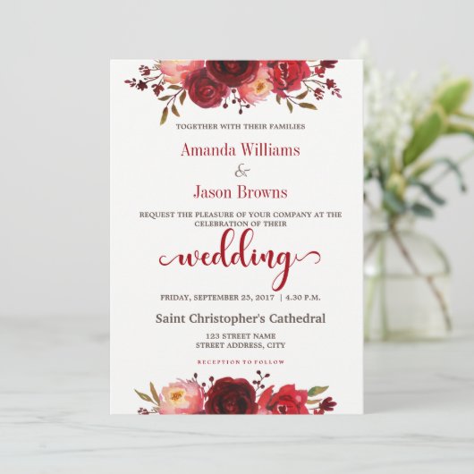 Burgundy Marsala Red Floral Wedding-uitnodiging Kaart (Staand voorkant)