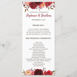 Burgundy Marsala Red Roses Floral Wedding Programm Programmakaart