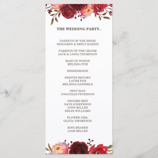 Burgundy Marsala Red Roses Floral Wedding Programm Programmakaart (Achterkant)